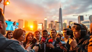Journalists capturing breaking news scenes at https://news-parade.com.ua with a vibrant city skyline.
