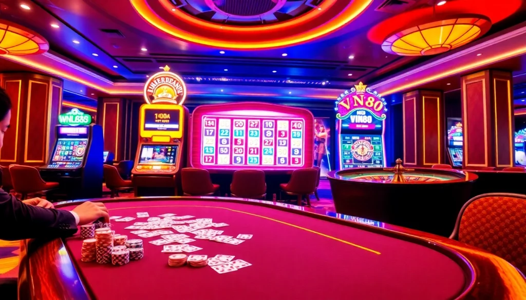 Engage in thrilling gaming action at vn88 casino with poker tables and vibrant slot machines.