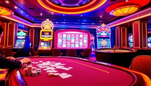 Engage in thrilling gaming action at vn88 casino with poker tables and vibrant slot machines.