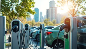 Engaging EV charging news visual featuring multiple electric vehicle chargers.