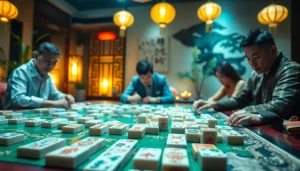 Permainan mahjong dengan pemain fokus dan suasana tradisional yang hangat