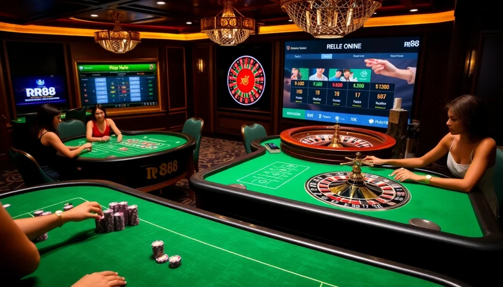 Scene at a luxurious casino with rr88 branding, showcasing players at poker tables and roulette wheels.