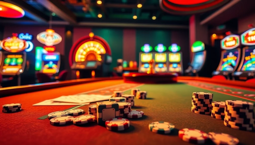 Experience the excitement of Đăng Ký Loto188 with a luxurious casino scene featuring elegant gaming tables and vibrant slot machines.