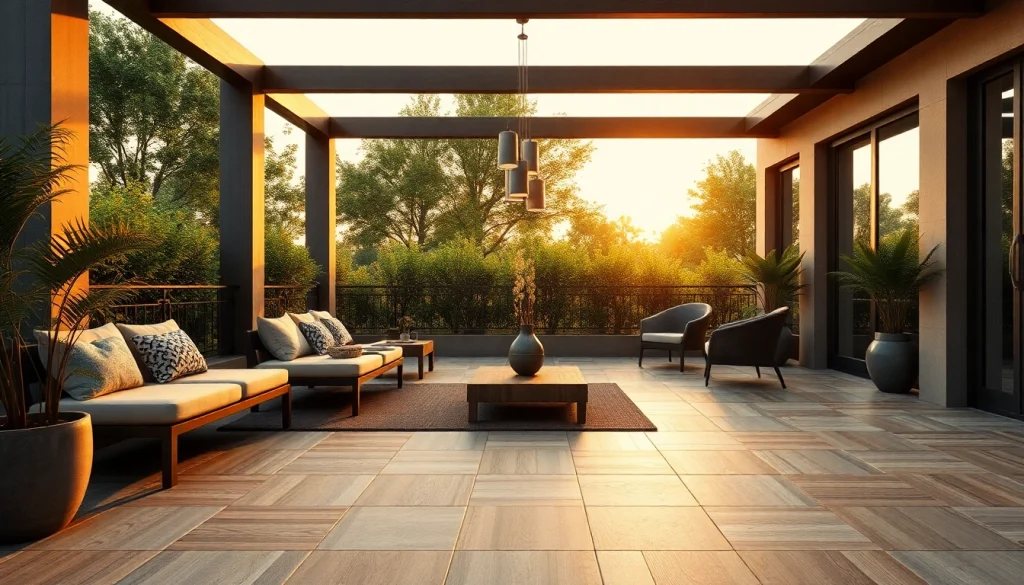 Beaux carreaux de carrelage extérieur présentés dans un patio extérieur élégant avec de la verdure.