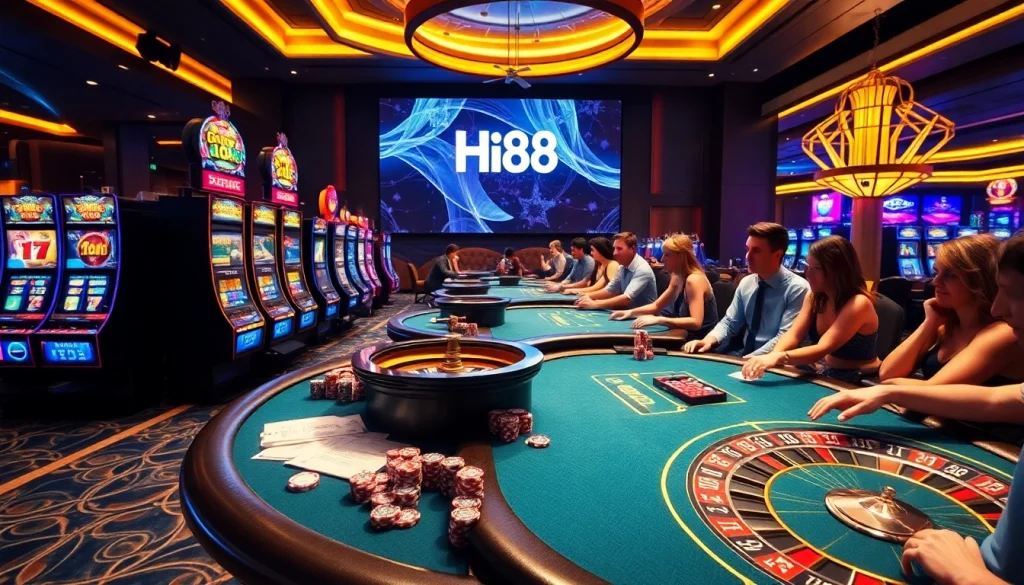 Engaged players enjoying thrilling casino games at Hi88 with vibrant visuals and luxurious details.