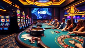 Engaged players enjoying thrilling casino games at Hi88 with vibrant visuals and luxurious details.