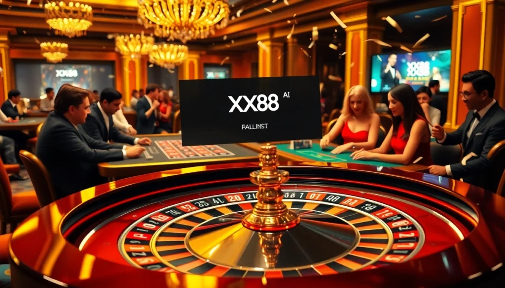 Players celebrating victories at the luxurious XX88.AI casino, Roulette and Poker action.