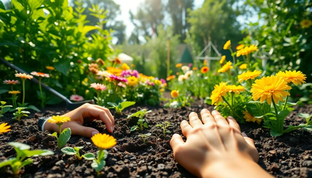 Gardening hands planting seeds in rich soil amid blooming flowers and vegetables.