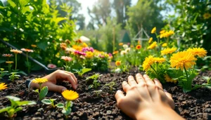 Gardening hands planting seeds in rich soil amid blooming flowers and vegetables.