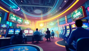 Exciting scene of players at UU88 online casino, showcasing vibrant lights and thrilling game action.