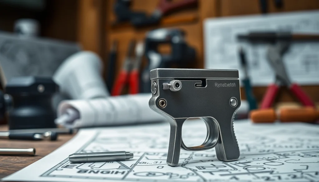 Showcasing a 3 position forced reset trigger highlighting its design details in a workshop setting.