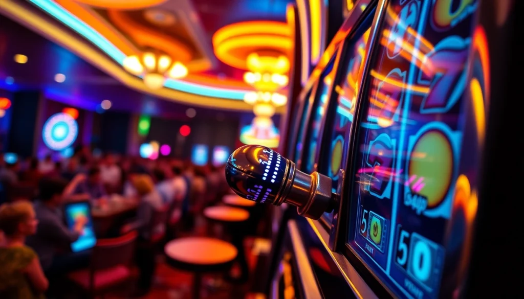 Menang di slot depo 5k dengan mesin slot yang penuh warna dan kerumunan energik.