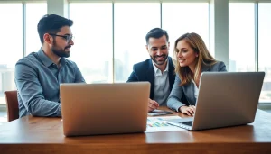 Engaged professionals discussing strategies for an esta application in a modern office.