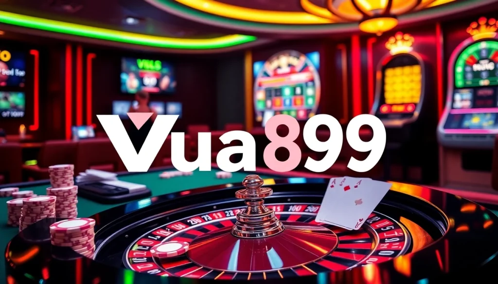 Experience the excitement of Vua99 with vibrant casino visuals, slot machines, and roulette tables.