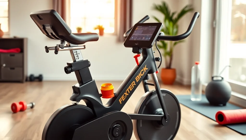 Exercise bike manufacturer showcasing a modern bike in a bright home gym setting.