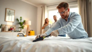 Exterminator from https://affordablebedbugexterminators.com applying bed bug treatment in a family home.