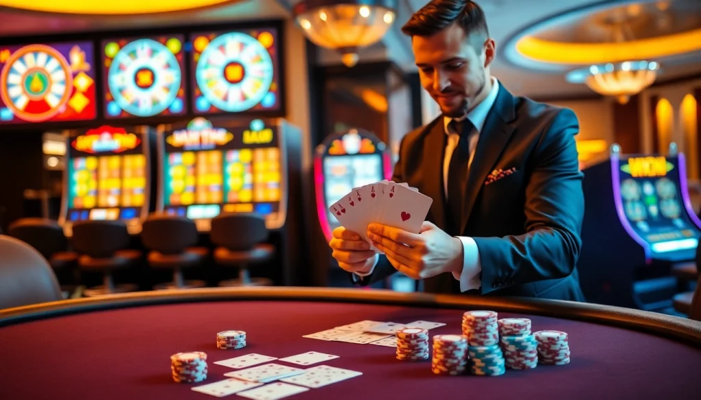 Win big with w88 mới nhất at a luxurious casino, featuring vibrant slot machines and a poker table.