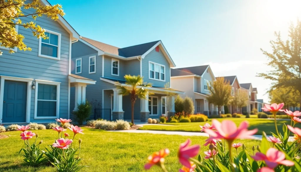 Real Estate agent presenting lovely homes in a sunny neighborhood with blooming flowers.