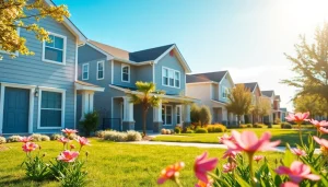 Real Estate agent presenting lovely homes in a sunny neighborhood with blooming flowers.