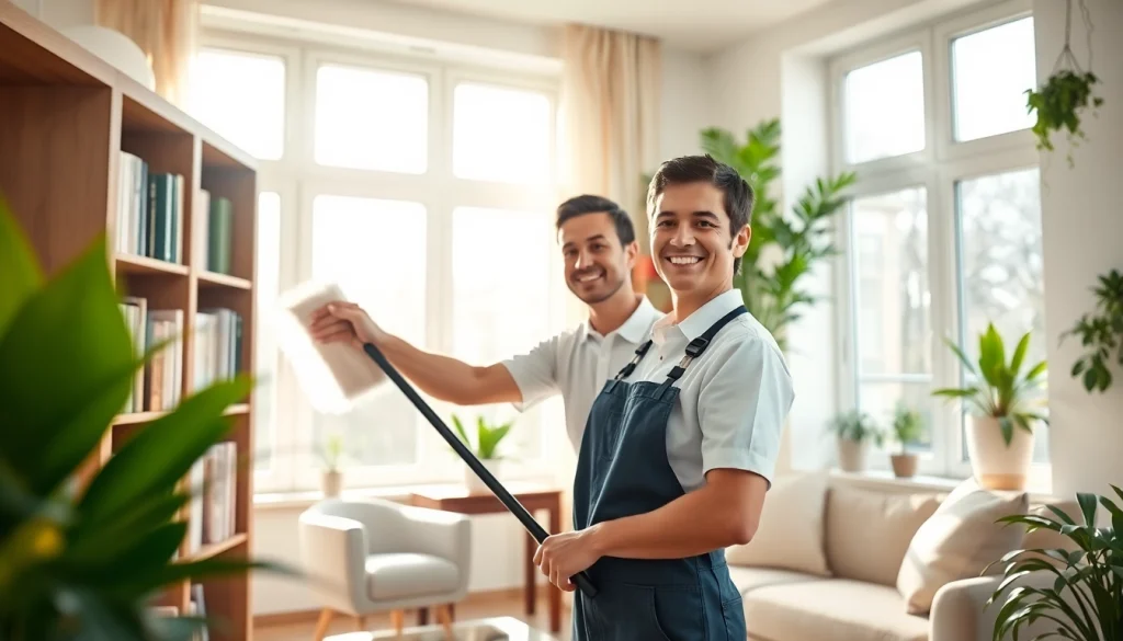Enhancing a home with a professional Cleaning service as a cleaner dusts stylish decor.
