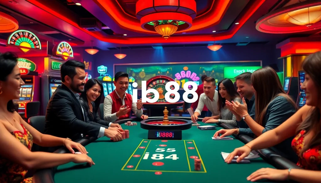 Exciting casino poker scene featuring ib88 players engaging in high-stakes gameplay.