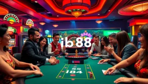 Exciting casino poker scene featuring ib88 players engaging in high-stakes gameplay.