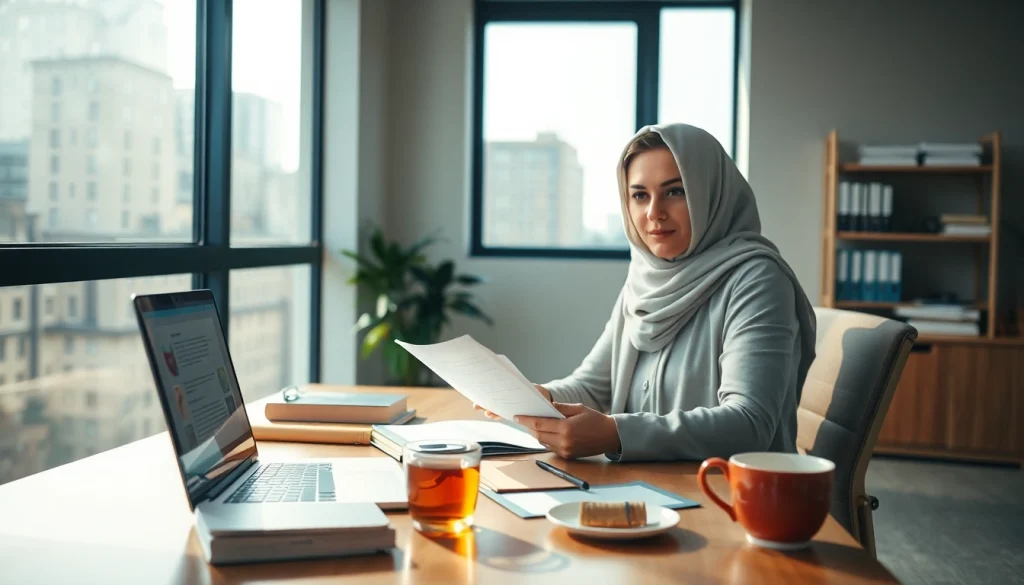 Traducteur arabe certifié professionnel au travail avec des documents et des outils de traduction.