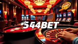 Experience thrilling gameplay with 54BET's vibrant casino atmosphere featuring poker and slot machines.