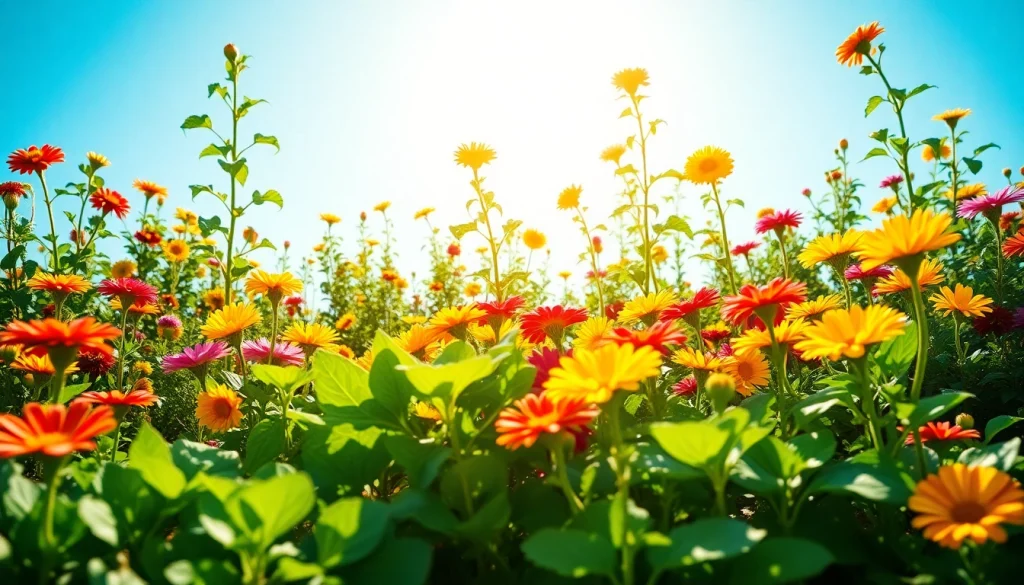 Engaging gardening scene showcasing vibrant flowers and vegetables flourishing under bright sunlight.