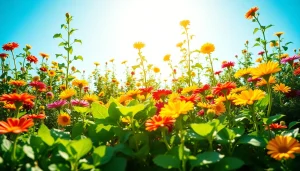 Engaging gardening scene showcasing vibrant flowers and vegetables flourishing under bright sunlight.