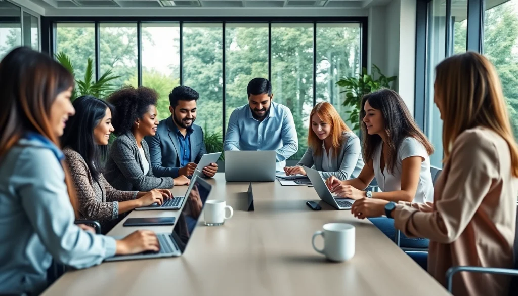 Showcase a vibrant agency collaborative environment with a diverse team engaging in discussion.