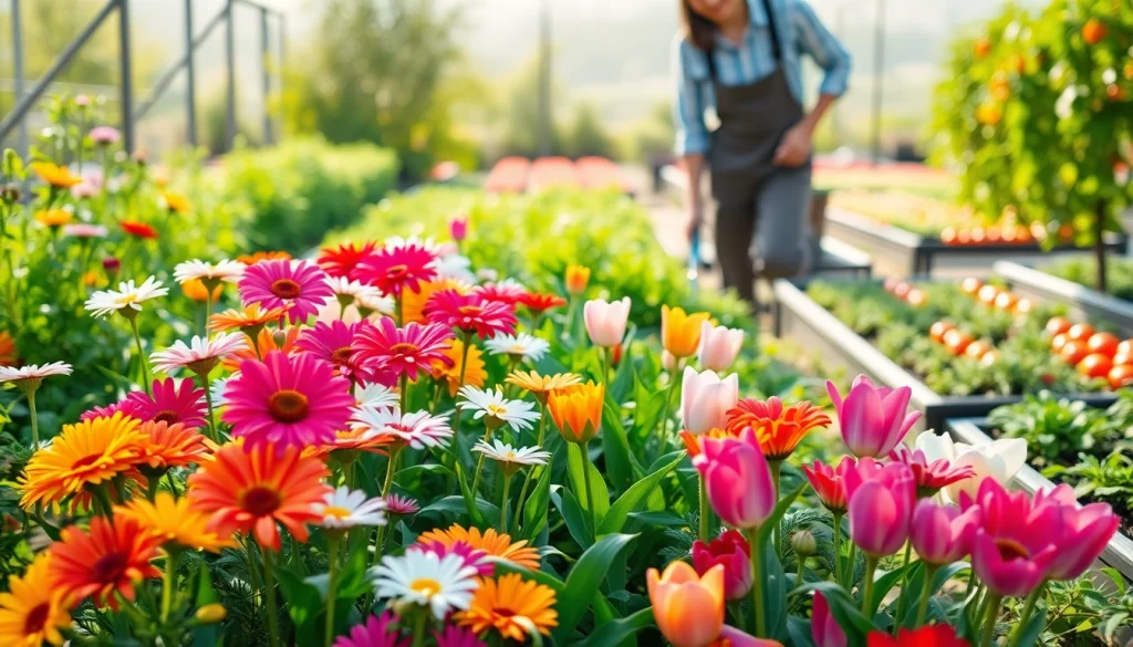 Gardening scene depicting a vibrant garden with a gardener tending to flowers and vegetables.