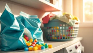 Detergent bags laundry displayed prominently in an organized setting for effective cleaning.