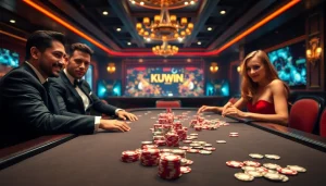 KUWIN players engaging at a dynamic poker table, showcasing high-stakes excitement and vibrant casino ambiance.