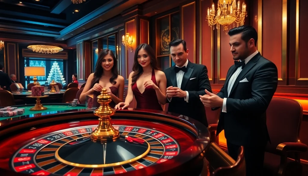 Experience the luxury of the Clube VIP HHBET with exclusive casino elements like roulette tables and premium poker chips.