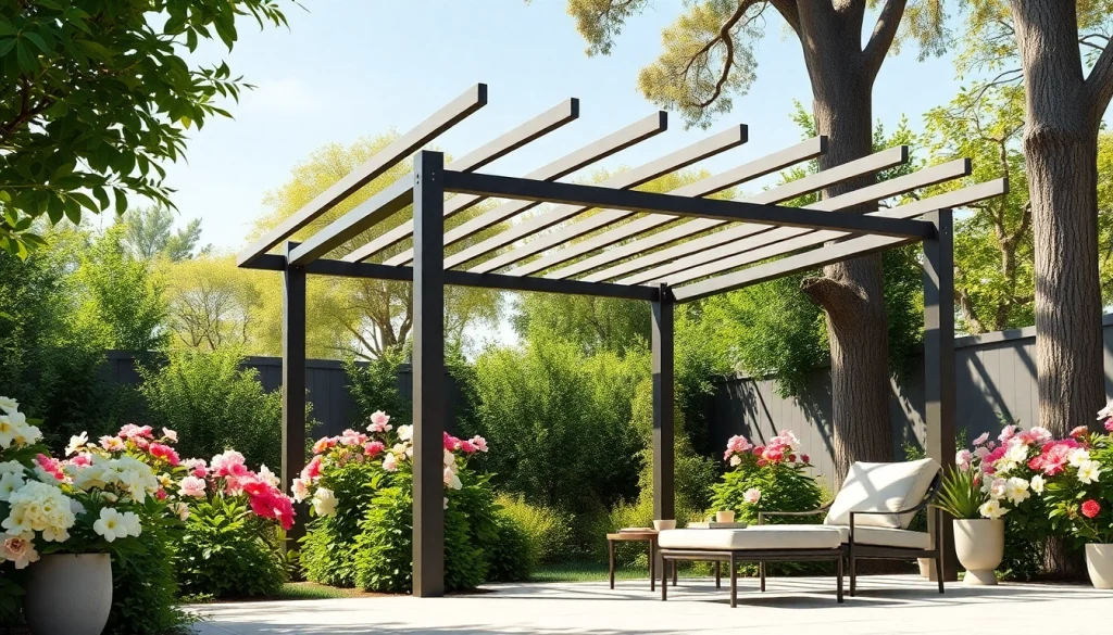 Experience a modern steel pergola beautifully integrated into a lush garden, creating an inviting outdoor space.