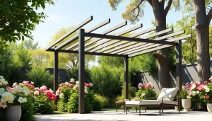 Experience a modern steel pergola beautifully integrated into a lush garden, creating an inviting outdoor space.