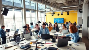 Discover the vibrant newsroom of https://www.thedailynewsonline.com with reporters collaborating on news stories.