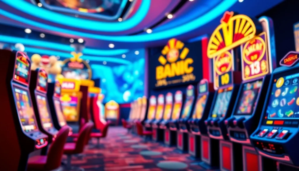 Menggambarkan pengalaman slot depo 1k online yang menarik dengan berbagai mesin slot yang cerah.