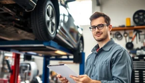 Mechanic analyzing a vehicle service contract while inspecting a car in a bright workshop.