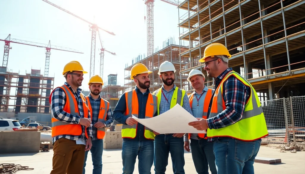 Showcasing teamwork in construction association Wyoming with professionals at work on a building site.