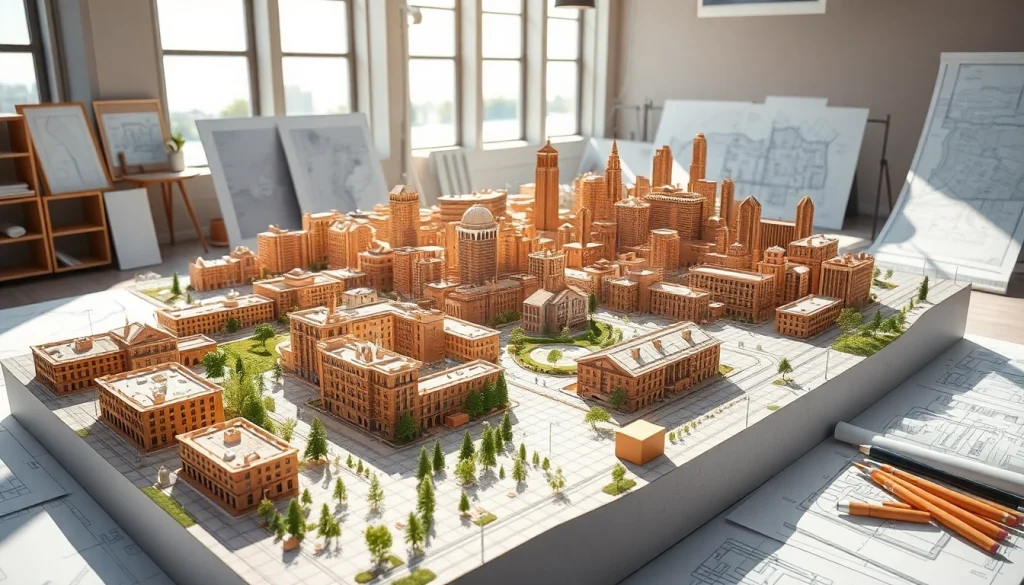 Architekturmodellbau Mannheim: Detailliertes Stadtmodell mit präzisen Gebäuden in natürlichem Licht.