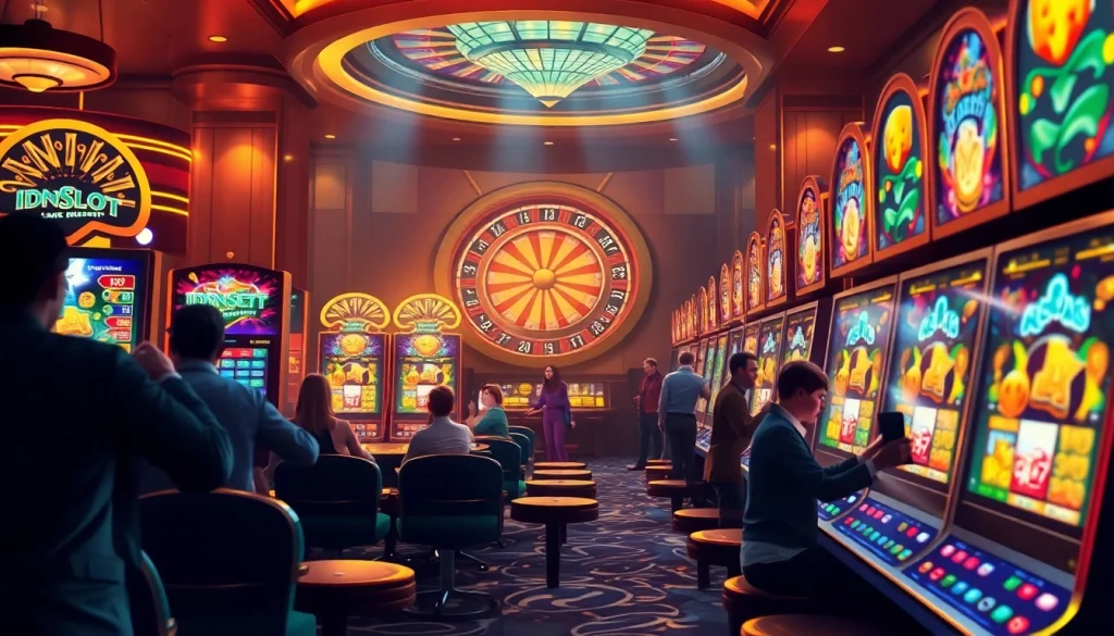 Players enjoying Idnslot themed slot machines in a vibrant, luxurious casino setting with a roulette wheel.