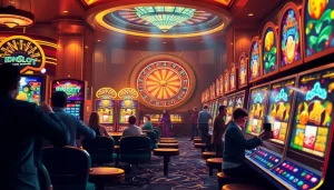 Players enjoying Idnslot themed slot machines in a vibrant, luxurious casino setting with a roulette wheel.