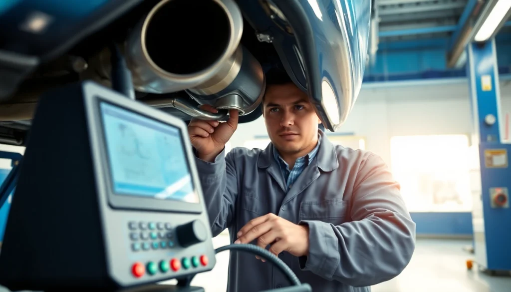 Technician performing a Smog Check in a modern inspection station, emphasizing professionalism and care.