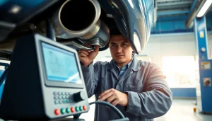 Technician performing a Smog Check in a modern inspection station, emphasizing professionalism and care.