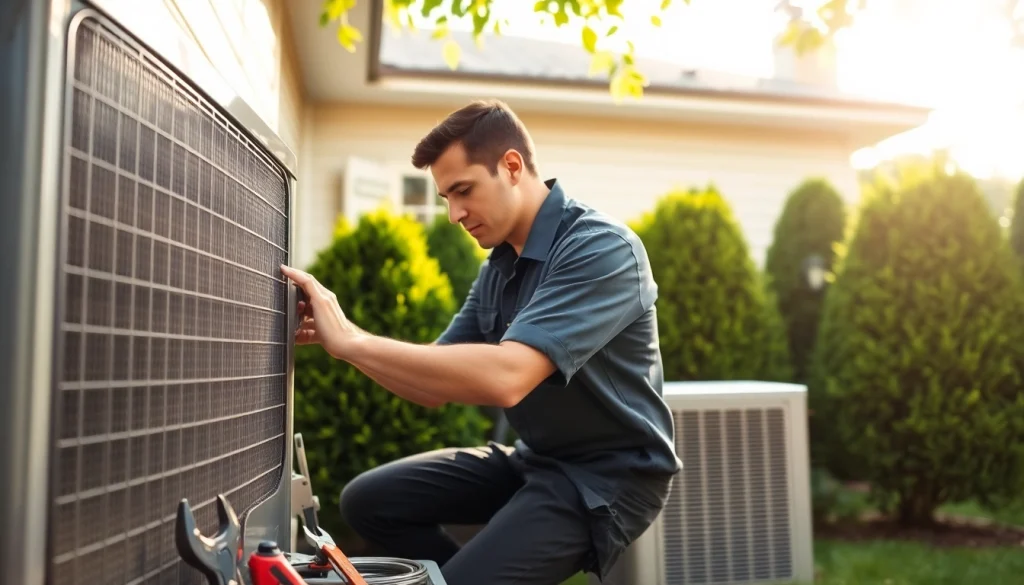 Technician performing ac replacement poughquag in a sunny backyard setting.