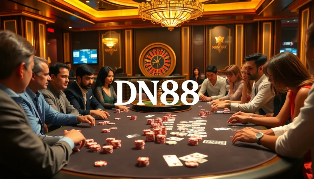 Players strategize at a luxurious poker table at DN88 casino, with vibrant poker chips and cards enhancing the thrilling atmosphere.
