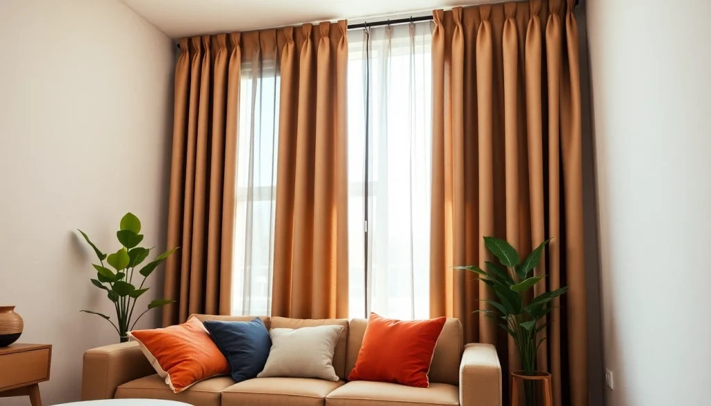 Verduisterende gordijnen in een stijlvolle woonkamer, perfect om zonlicht te blokkeren.