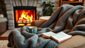 Fleece fabric swatches beautifully displayed in a cozy setting by a warm fireplace.